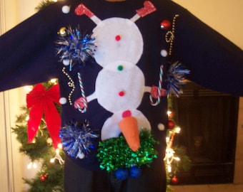 Sneeuwpop kersttrui, lelijke kersttrui, plakkerige sneeuwpop sweater, sneeuwpop sweatshirts, sneeuwpop met blauwe ballen, sneeuwpop wortel