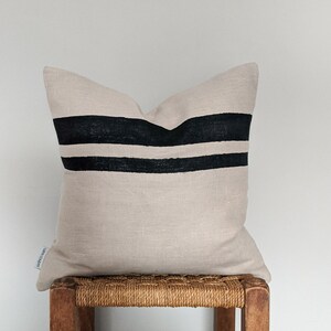 Natural and Black Linen Cushion - Beige Linen Pillow - Stripe Cushion - Natural Linen - Hand Painted Linen - Pure Linen - Eco Cushion