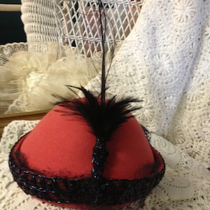 1920&#39;s Hat, Antique Flapper Hat, Vintage Deco Hat w/Feather, Red Fur Felt Hat, Handmade Hat, beaded trim, Curled Feather Hat SALE ITEM