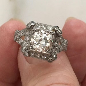 Art Deco Diamond Ring Antique Engagement, Platinum Setting, Transitional Cut, 1.5 Carrot European Color H VS 1 size 7, Platinum Setting