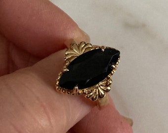 Onyx Gold Ring, Signed DK, Black ring, Marquise stone, Gold Vermeil, Size 7.5 Onyx ring, marked 925, Black Stone