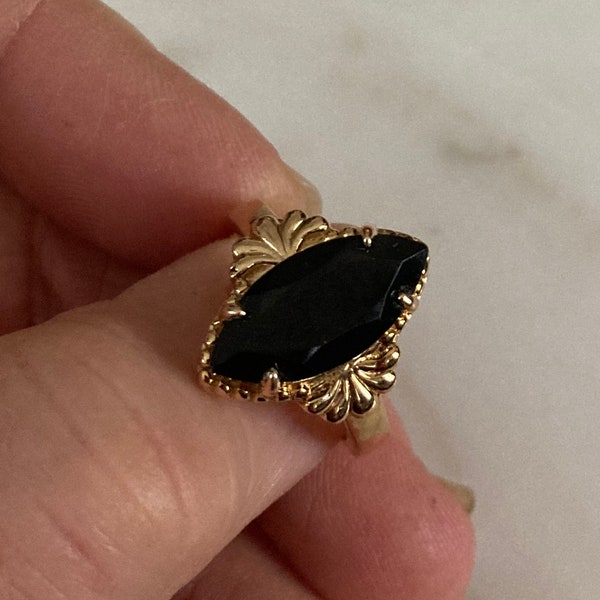 Onyx Gold Ring, Signed DK, Black ring, Marquise stone, Gold Vermeil, Size 7.5 Onyx ring, marked 925, Black Stone