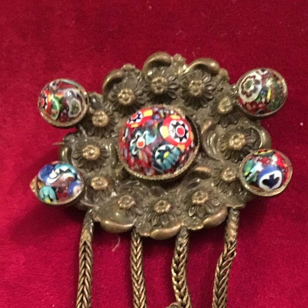 Victorian Venetian Brooch, Czech murano glass, Millefiori brooch, Deco Czech Brass Repoussé Pin, Multi color pin, Czechoslovakian Brooch