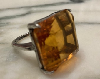 Large sterling ring, Square ring,Statement ring,Chunky,Gold crystal,solitaire,Mid century ring, topaz, Fabulous fun ring, Size 8 silver ring