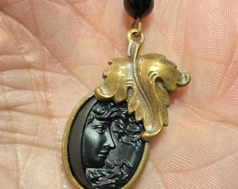 Black glass cameo, Cameo pendent, Black glass pendent, 1980s Mid century, Modern cameo, Carved Glass, Cameo with Brass leaf, 18 inch chain