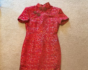 Vintage Chinese dress, Cheongsam, red Silk Dress, Tradisional Chinese dress, Asian Oriental Size 2/4 Small Qipao, satin brocade Jacquard