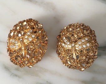 Gold dragonfly clips, Rhinestone earrings, button Earrings, large Oval clip ons, Button Earrings, 1980's Statement Earrings, button clip on