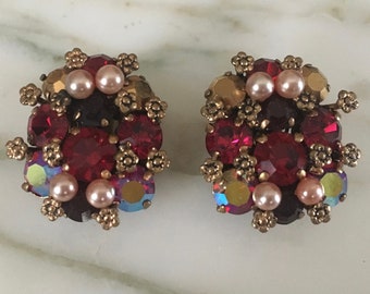 Red clip on Earrings, Made in Austria, Crystal pearl, prong set Earrings, AB signed Earrings, crystal Clip ons. Multi color sparkly earrings