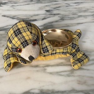 Bean Bag ashtray, Puppy Ashtray, Smokers Gift, 1960&#39;s ashtray, Yellow plaid, collectable ashtray, 1960s chic, Ring holder, Dog Lover Gift