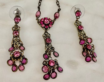 Kenny Ma set, Rhinestone Choker, Fuchsia Pink Crystal, Prom Jewelry, Filigree brass, necklace earring Set, Dressy Affair, Sparkly Necklace