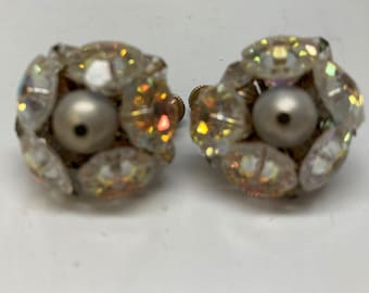 Vendome Clip ons, Button Earring, Aurora Borealis, AB crystal earrings, Screw clip ons, Crystal pearl, Dressy clip ons,Signed clip ons,1950s