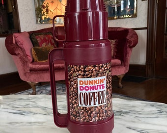 Dunkin' Donut, Vintage Thermos, Quart thermos, 1980's Thermos, Keeps hot and cold, Picnic, Coffee addict, Plastic thermos, Burgundy with cup