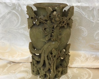 Antique Carved Soapstone Vase, Asian Bird Floral Decor