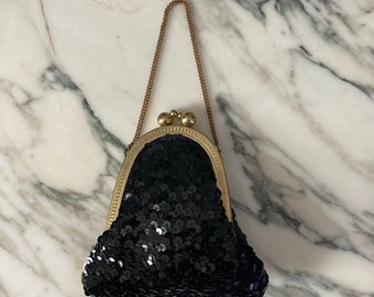 Small Black Purse, Sequin Bag, Evening Purse, Vintage purse, Cocktail bag, Vintage Accessory, Wedding, Cut little bag, Little black purse