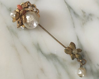 Miriam Haskel stick pin?, Filigree stick pin, Pearl Coral stick pin, Brass Czech style stick pin, 1940's Hat pin, brass hat pin, unsigned