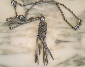 Silver tassel necklace, silvertone Costume, Vintage tassel choker, Tassel necklace, 23" long necklace