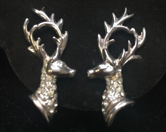 Sterling Elk earrings, Rhinestone Deer Earrings, Sterling back screw  Ear earrings, vintage animal earrings, Hunter collectible 1960's