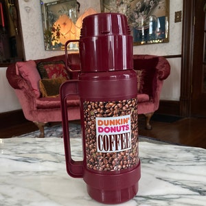 Dunkin&#39; Donut, Vintage Thermos, Quart thermos, 1980&#39;s Thermos, Keeps hot and cold, Picnic, Coffee addict, Plastic thermos, Burgundy with cup
