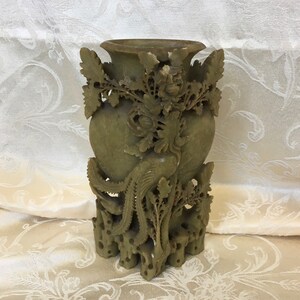 Antique Chinese Soapstone Vase, Asian Art Carving, Large Hand Carved Asian Vase, Vintage Asian Decor. Art Deco Carved