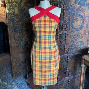 Evan-Picone Halter, Vintage plaid dress, Red Dress, Size 4, 1990&#39;s Designer, Fitted Halter, Fall Dress, Spring Dress