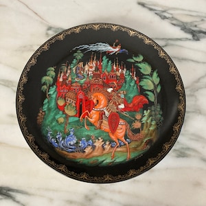 Russian decor plate, Handpainted plate, Wall hanging plate, Knight on Horse, Castle,  Black red plate, Wall art,Detailed,Artist signed