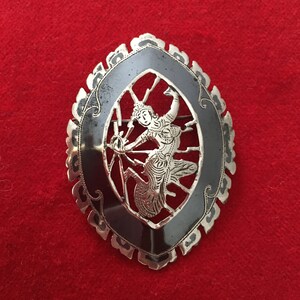 Niello Sterling Brooch, Sterling Silver Made in Siam Pin, Etched Enameled, Niello Siam, Thai Niello Work
