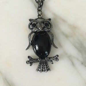 Vintage Owl pendent, owl long Necklace, Silver Black stone, Own collector, Black eyes, Costume Owl Jewelry, Bird Jewelry, Animal Jewelry
