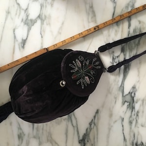 Victorian velvet Bag, Antique Beaded Bag, Navy Silk velvet Sack, Vintage Hand Beaded, Hand Stitched, 1900&#39;s Purse, Reinactment accessory