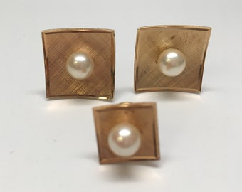 14K Gold Pearl Cufflinks Tie Tack Set, Brushed Gold, 1950s Groom Wedding Gift