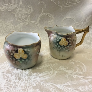 T&V Porcelain, Sugar Creamer set, Hand Painted, Artist Signed, B. Denham, Artist sign  Limoges, Made in France, Tea Service Accessory