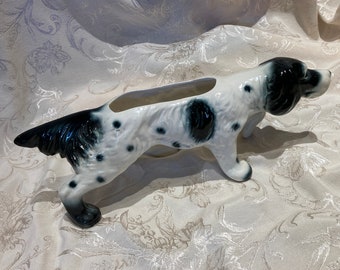 Dog Planter, German long hair, Pointer planter, Dog Planter, Black white pointer, Mid century planter, Black white dog, vintage dog planter