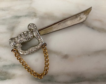 Sword Brooch, Rhinestone Sword, Paste brooch, Silver gold sword, gold Blade Sword Pin, 1940s sword pin, paste sword pin,Rhinestone knife pin