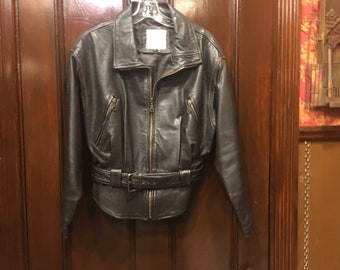 Vintage Motorcycle Jacket, Leather Motorcycle Jacket, ladies medium, worn leather jacket, Avanti thick Leather, Brass Zippers, Made in India