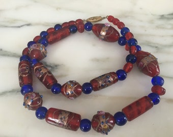 Antique Venetian Glass Bead Necklace, Blown Glass, 1940s Italy, red, blue, gold