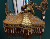 1920s, antique vintage, home decor, victorian bridge arm, deco, jadeite, beaded shade, boudoir floor lamp LOCAL PICKUP ONLY