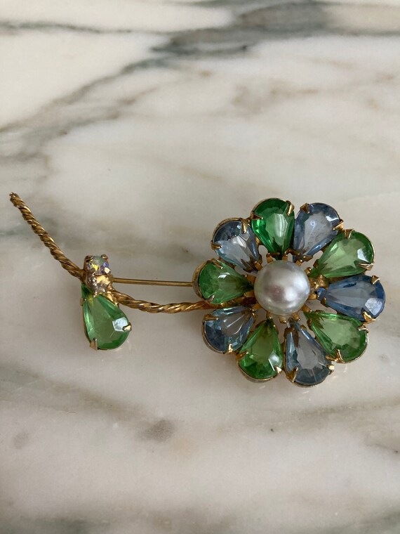 Rhinestone Flower, Powder blue, Peridot, 1960's P… - image 3