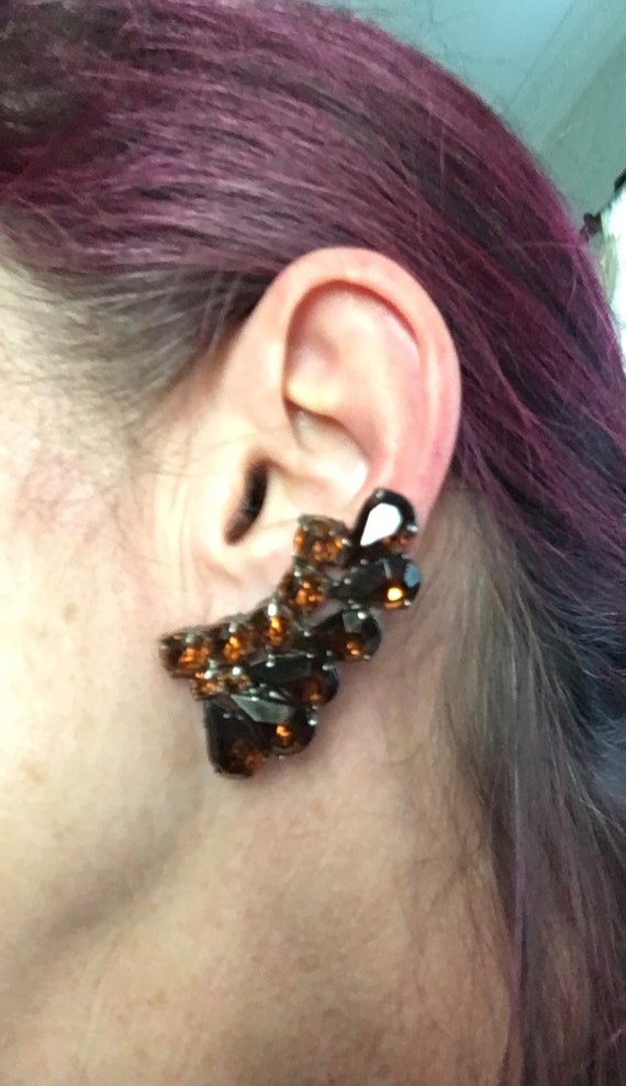 Creep up Ear Earrings, amber Rhinestones, Clip on… - image 3