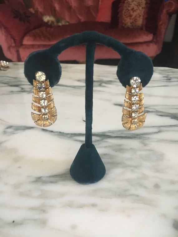 Rhinestone Earrings, Antique Prong Set Goldtone E… - image 1