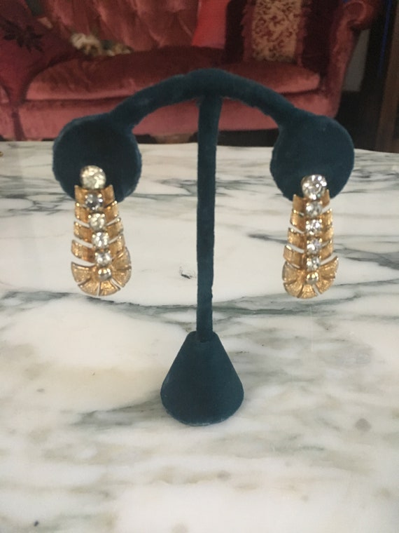 Rhinestone Earrings, Antique Prong Set Goldtone E… - image 2