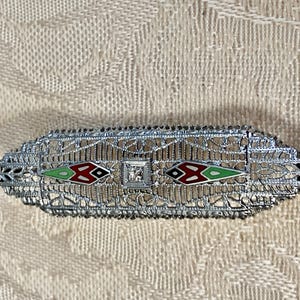 14K Deco filigree Pin, Edwardian brooch, 14K white gold, Diamond Brooch, 1920s Deco pin, Filigree brooch, Enameled brooch, Bar Pin