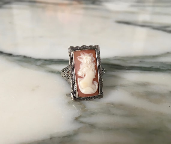 14K Cameo Ring, FIligree white gold, art Deco cam… - image 1