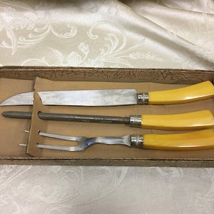 Bakelite 3Pc Knife Set & Sharpener, Vintage Bakelite Wedding Gift, 1930&#39;s vintage Knife Fork Sharpener, Bakelite Silverware, Antique Knife