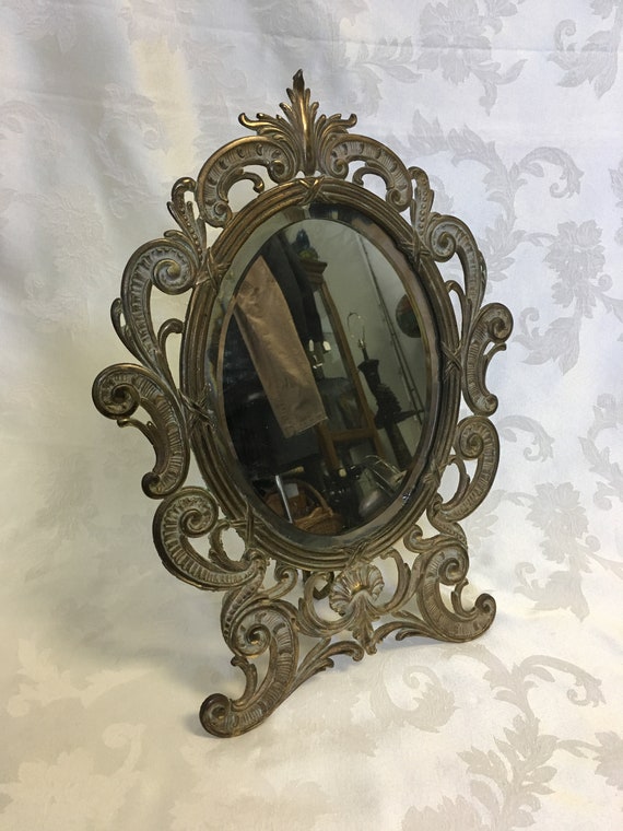 Victorian Brass Table Top Mirror Ornate Beveled Image 0