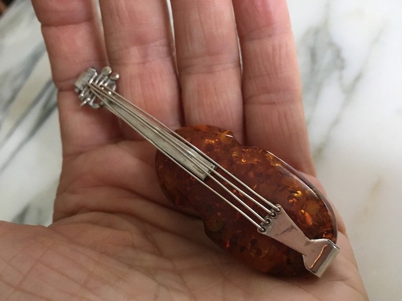 Sterling Silver Amber Guitar Brooch