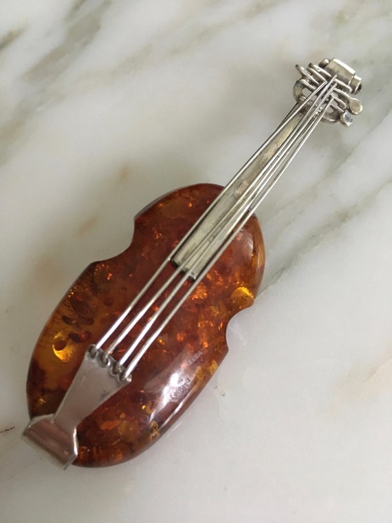 Sterling Silver Amber Guitar Brooch