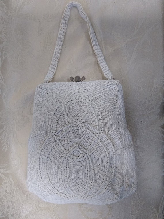 White weaded Bag, summer Purse, Vintage Hand Bead… - image 1