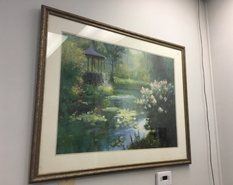Monet landscape print, Pastel water color, Garden Landscape, lovely pastel Watercolor, Pastoral watercolor, Gazebo lily pond Landscape