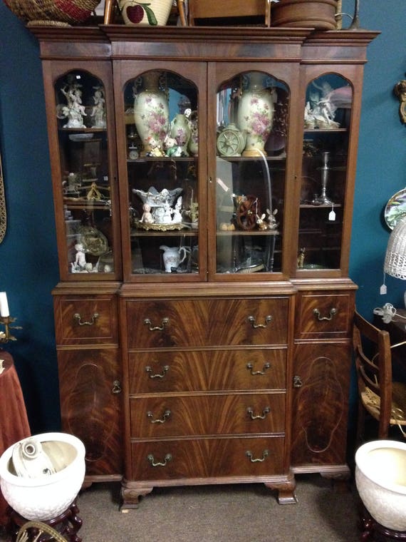 Vintage Deco China Cabinet Antique Secretary Pull Out Desk Etsy
