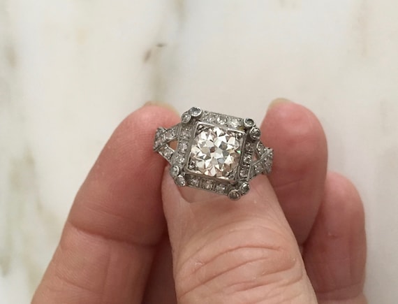 Art Deco Diamond Ring Antique Engagement, Platinum Setting, Transitional Cut, 1.5 Carrot European Color H VS 1 size 7, Platinum Setting