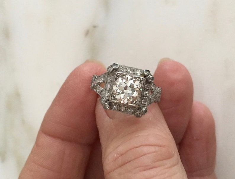 Art Deco Diamond Ring Antique Engagement, Platinum Setting, Transitional Cut, 1.5 Carrot European Color H VS 1 size 7, Platinum Setting